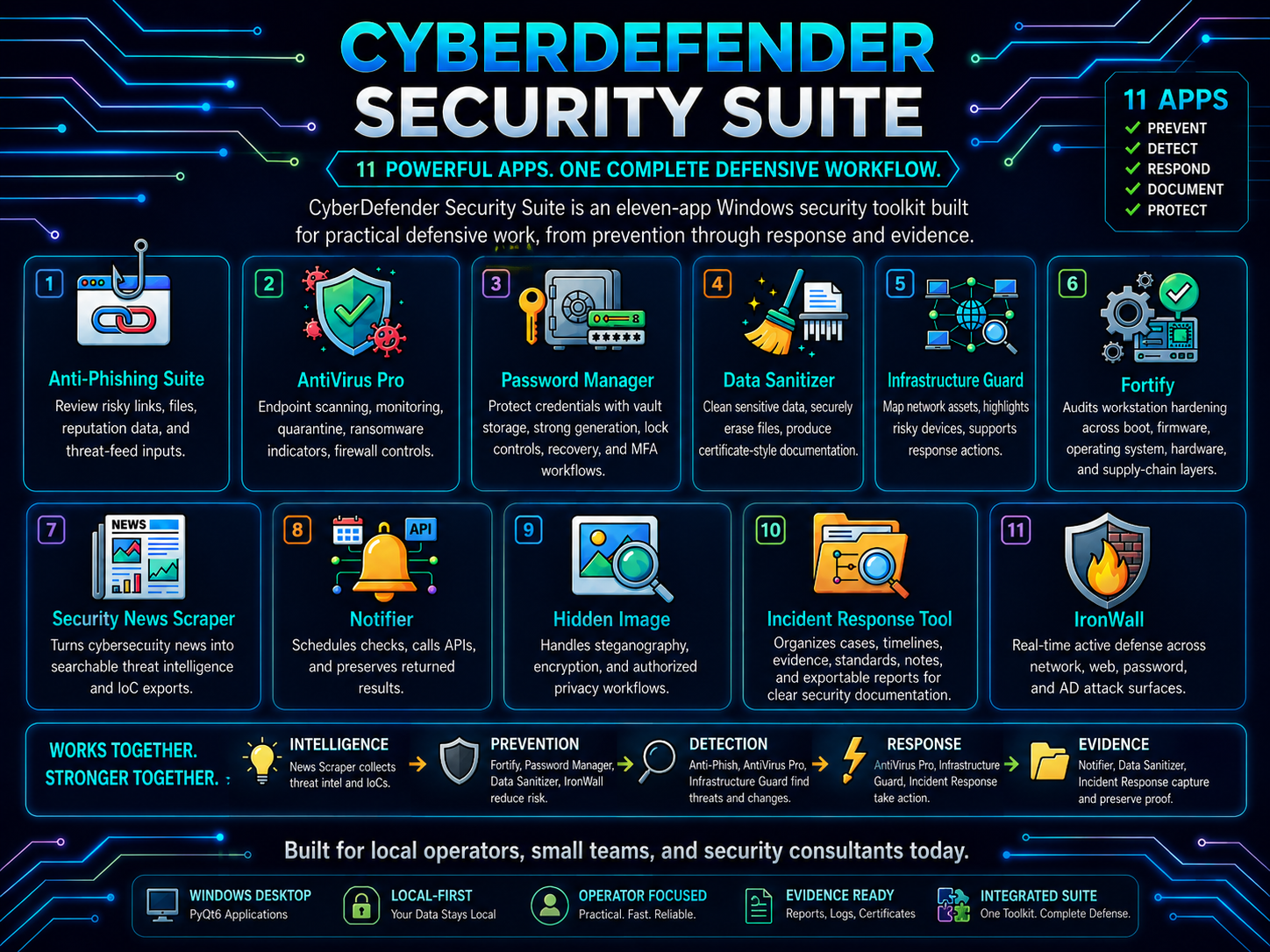 CyberDefender Security Suite overview showing eleven Windows cybersecurity applications